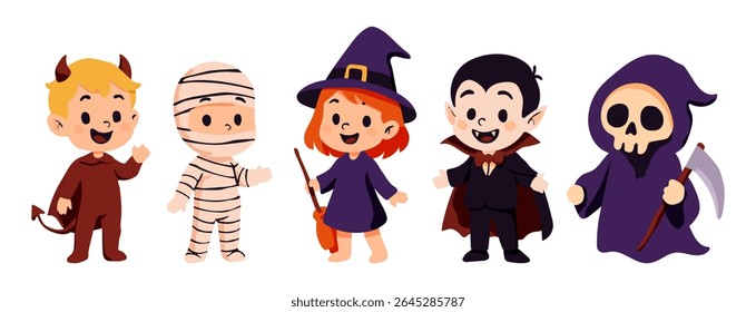A group of children dressed in Halloween costumes, including a mummy, a witch, a vampire