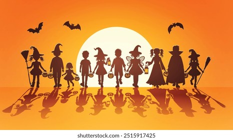  Un grupo de niños vestidos con varios trajes de Halloween caminan juntos bajo el sol poniente, sosteniendo linternas y canastas de calabaza, listos para el truco o trato. contenido utilizando herramientas de dibujo de Vector 