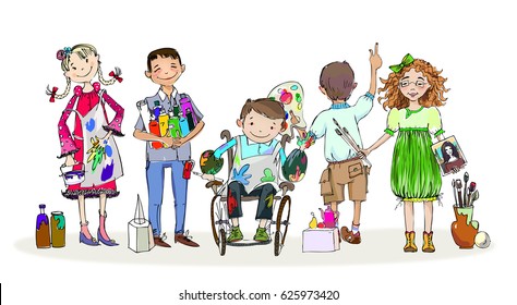 Group of children during the art lesson, drawing and enjoying activities. Illustration