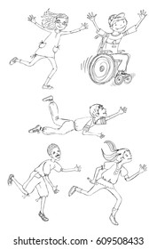 Group of children during the sport activities, running and enjoying themselves. Illustration doodle