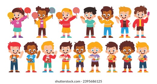 Group of Children eating various food Collection. Kid breakfasting or lunch, kid eating candy, ice cream, cookies and fast food. Diversity Family Parenthood Kindergarten. vector illustration