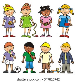 Group of children, eight kids, girls and boys, vector icon