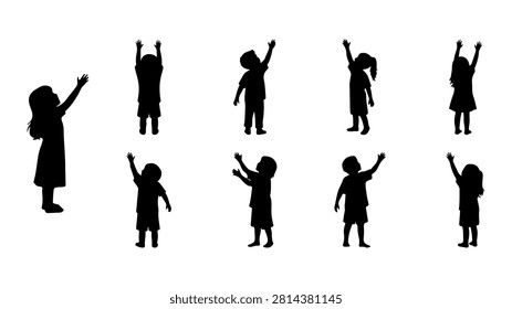 Group of children engaging in outdoor play, reaching upward with enthusiasm and joy, capturing a lively and energetic moment of childhood fun.