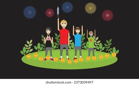 group of children enjoy playing with fireworks on the green land. pretty green plants and yellow flowers