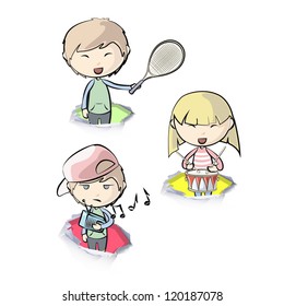 Group of children enjoying with their hobbies. Vector design.