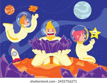 A group of children are exploring a new planet and are on the surface of an exotic planet. observing unique outer space and crystal rocks.