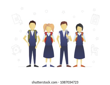 Group of children flat character design. Teenagers. Grade schoolers with backpacks. Schoolchildren. Classmates. Vector isolated illustration