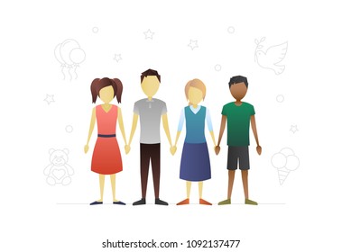 Group of children flat character design. Children Protection Day. Teenagers. Grade schoolers. International children camp. Schoolchildren. Vector isolated illustration