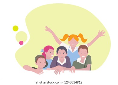 Group of children in flat style, vector illustration. Funny kids on the abstract background.  