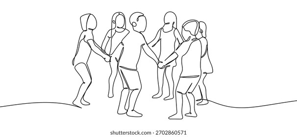 Un grupo de niños forman una circunferencia, una línea continua. en Ilustración vectorial de estilo lineal simple en estilo doodle.