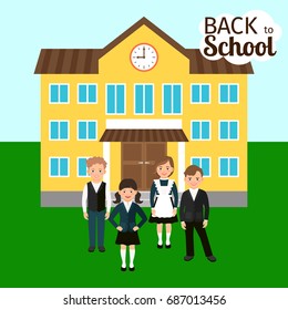 The group of children in front of the school vector illustration