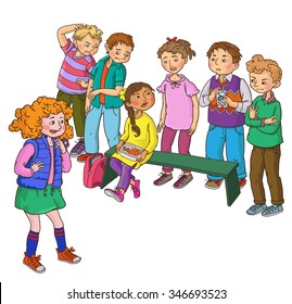 Group of children gather together around an indian girl. School activities. Back to School isolated objects on white background. Great illustration for a school books and more. VECTOR.