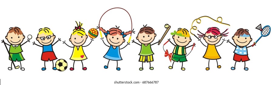 Group of children, girls and boys, sports supplies, sport activity