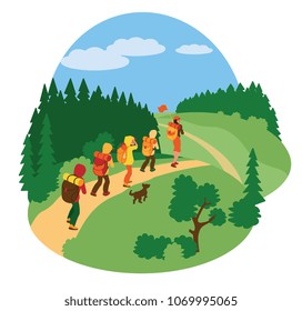 a group of children goes camping vector illustration.
