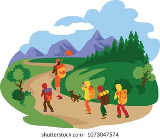 a group of children goes camping vector illustration.