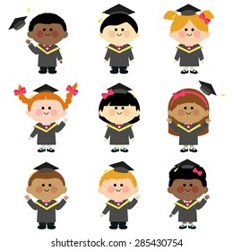 Group Of Children In Graduation Gowns And Mortar Board Hats. Vector Illustration