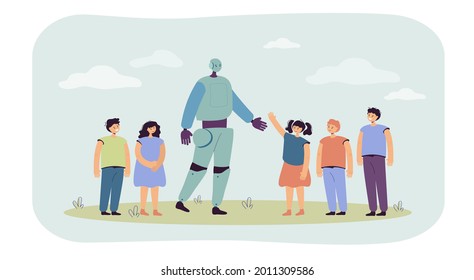 Group of children greeting robot flat vector illustration. Boys and girls amazed by new technology. Artificial intelligence, education concept for banner, website design or landing web page