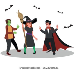 grupo de crianças com trajes de halloween, meninos e meninas com roupas de vampiro, bruxa e frankenstein. ilustração vetorial.