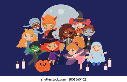 Group of children in halloween costumes standing on a dark background and the full moon. Kids are dressed in festive costumes. 