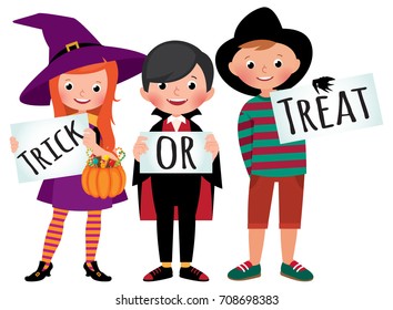 Group of children in Halloween party costumes hold a board with an inscription trick of treat vector cartoon illustration