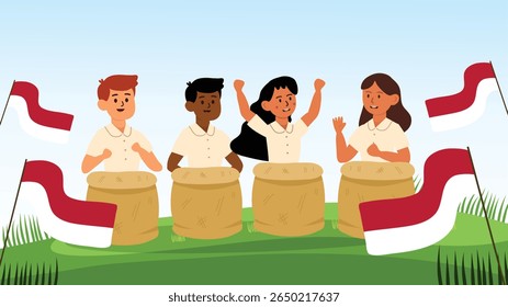 Grupo de crianças alegremente jogando sack race comemorando o Dia da Independência da Indonésia ao ar livre