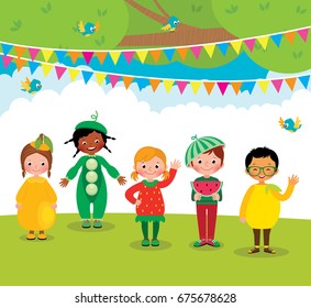 Group of children having fun at a fruit party vector cartoon illustration
