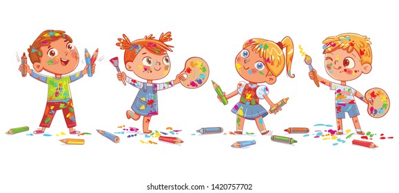 Group of children are holding artist's palette, paint brushes and pencils. Children smeared in paint. Panorama. Funny cartoon character. Vector illustration. Isolated on white background