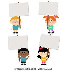 Group of children holding blank placards. Vector illustration
