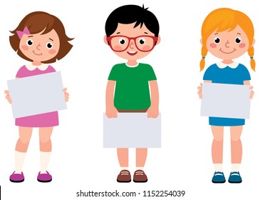 Group of children holding a blank sign white paper on a white background