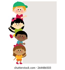 Group of children holding a blank vertical banner. Vector illustration.