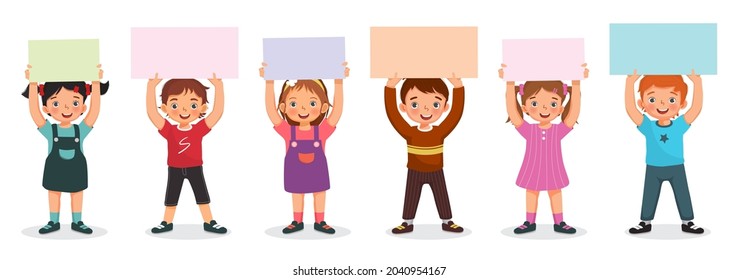Group of children holding colorful blank papers or posters up over their heads. Vector of boys and girls showing colorful board signs or placard with empty space templates for text, banners and ads.