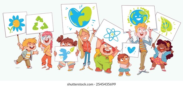 Grupo de niños con carteles dibujados sobre el tema de la ecología, la protección de la naturaleza y el medio ambiente. Colorido personaje de dibujos animados. Ilustración vectorial graciosa. Fondo blanco aislado