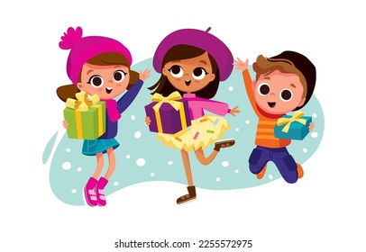 Group of children holding gift boxes. Cheerful kids with winter background.