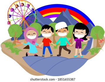 Group of children holding hands - colorful illustration for children