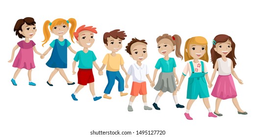 The group of children holding hands and cross the road. Vector isolated cartoon illustration on white background. Kids going to the school or kindergarten