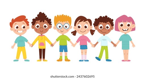 A group of children holding hands. International boys and girls. Friendship concept. Vector flat cartoon illustration