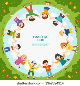 Group of children holding hands looking at camera and smiling in playground. Template for advertising brochure. Ready for your message.