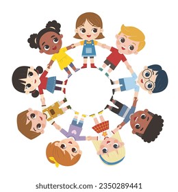 Group of children holding hands looking at camera and smiling on white background. Template for advertising brochure. Ready for your message.
