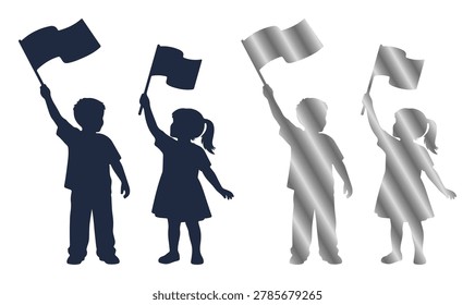 Group of children holding small flags illustration silhouette vector graphic design sets.