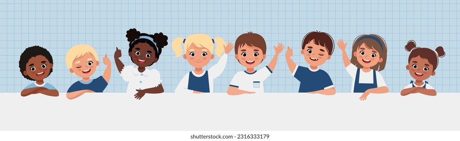 Group of children holding white blank. Back to school banner. Excited happy pupils, children having fun, childhood, friendship concepts. Vector illustration in flat style