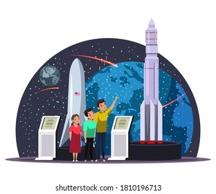 Group of children inspects stand with space rocket and shuttle. School tour at science exhibition in modern astronomy museum. Vector character illustration of study of galaxy, planets of solar system