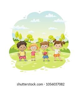 Group of children ist standing in a meadow