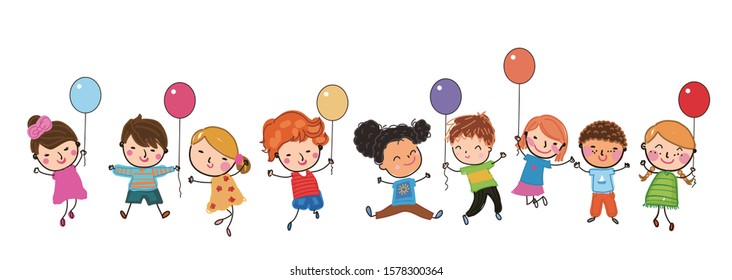Group of children jumping with balloon