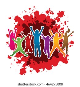Group of children jumping , Front view designed on splash blood background graphic vector.