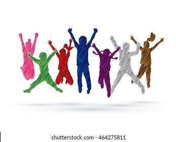 Group of children jumping , Front view designed using colorful grunge brush graphic vector.