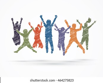 Group of children jumping , Front view designed using colorful  grunge brush graphic vector.