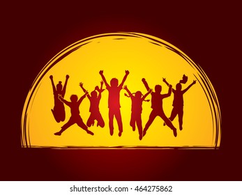 Group of children jumping , Front view designed on moonlight background graphic vector.