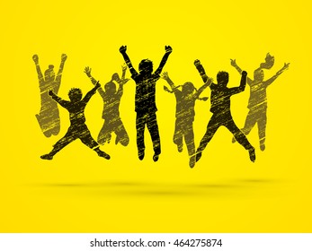 Group of children jumping , Front view designed using grunge brush graphic vector.