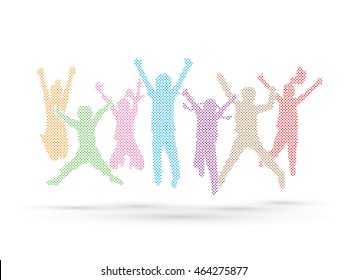 Group of children jumping , Front view designed using colors dots graphic vector.