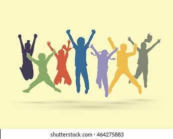 Group of children jumping , Front view graphic vector.